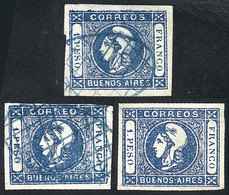 202 ARGENTINA: GJ.17, Lot Of Mint Stamp + Used Stamp Of Excellent Quality, And A Used Example Of 3 Margins! - Buenos Aires (1858-1864)