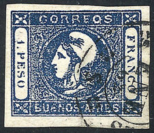 206 ARGENTINA: GJ.17A, 1P. INDIGO Blue, Fantastic Example Of Very Wide Margins And Good Color, Very Fine Quality! - Buenos Aires (1858-1864)