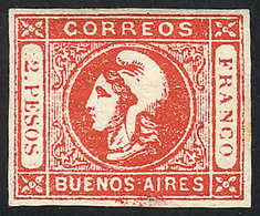 207 ARGENTINA: GJ.18, 2P. Red, Semi-clear Impression, Mint Original Gum, 4 Complete Margins, With Tiny Defect Else Excel - Buenos Aires (1858-1864)