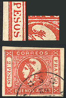 208 ARGENTINA: GJ.18, 2P. Red, Dull Impression, With VARIETIES: 3 Last Letters Of 'PESOS' Incomplete At Top And Flaw In  - Buenos Aires (1858-1864)