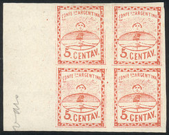 226 ARGENTINA: GJ.4, 5c. Large Figures, Block Of 4 With Varieties: The Lower Stamps WITHOUT FRAME At Top, And In The Low - Altri & Non Classificati