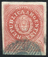 236 ARGENTINA: GJ.15, 5c. Narrow C, Red-rose, With Bluish Green OM Cancel, Wide Margins, Nice Color, Very Thin Paper, Ve - Ongebruikt