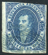 242 ARGENTINA: GJ.18, 15c. Blue Of 1st Printing Imperf, WITH LEFT SHEET MARGIN (extremely Rare!), Used With Blue OM Canc - Unused Stamps