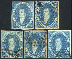 268 ARGENTINA: GJ.24, 15c. Worn Impression, 5 Examples (one Mint) With Defects, Range Of Shades And Cancels, Interesting - Ongebruikt