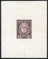 358 ARGENTINA: Circa 1910, Die Essay Of An Unadopted Design, 2c. Coat Of Arms, Engraved In Dark Lilac On Card With Glaze - Other & Unclassified