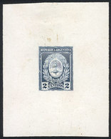 359 ARGENTINA: Circa 1910, Die Essay Of An Unadopted Design, 2c. Coat Of Arms, Engraved In Steel Blue On Card Of Glazed  - Altri & Non Classificati