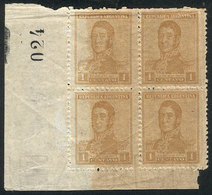 370 ARGENTINA: GJ.486, 1c. San Martín Perf 13½, Corner Block Of 4, The Lower Stamps With W. Bond Watermark, VF Quality,  - Other & Unclassified