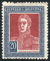 377 ARGENTINA: GJ.593, 20P. San Martín With Horiz Honeycomb Wmk, Small Hinge Mark, Very Fine Quality! - Altri & Non Classificati