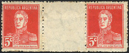 380 ARGENTINA: GJ.599EV, 5c. San Martín W/o Period, Horizontal Gutter Pair, Mint No Gum, VF, Catalog Value US$100. - Other & Unclassified