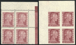 409 ARGENTINA: GJ.1005P, Imperforate Corner Block Of 4 + Perforated Block Of 4, Also With Sheet Corner, With A Rare Dry  - Other & Unclassified
