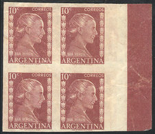 410 ARGENTINA: GJ.1005, Eva Perón 10c., PROOF In The Issued Color, Imperforate Block Of 4 Printed On Paper, On Back It B - Autres & Non Classés