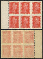 413 ARGENTINA: GJ.1006A, 20c. Eva Perón, Block Of 6, The Centarl Stamps With SHIFTED VERTICAL PERFORATION, VF And Rare! - Other & Unclassified