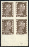 417 ARGENTINA: GJ.1010P, 50c. Eva Perón, IMPERFORATE Block Of 4, VF Quality! - Autres & Non Classés
