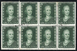 421 ARGENTINA: GJ.1021, 20P. Eva Perón, Fantastic Used Block Of 8 Stamps, Excellent Quality, Very Rare, Probably The Lar - Autres & Non Classés