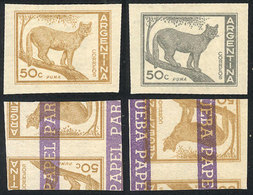 433 ARGENTINA: GJ.1125, 50c. Puma, PROOF In The Adopted Color And In Gray, Imperforate, On Special Paper For Specimens,  - Other & Unclassified