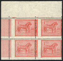 434 ARGENTINA: GJ.1127, 1P. Horse, Corner Block Of 4 With VARIETY: Shifted Perforation (the Left Stamp Without ARGENTINA - Altri & Non Classificati