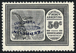 466 ARGENTINA: GJ.661a, 1930 50c. Zeppelin With INVERTED Blue Overprint, Very Lightly Hinged, Very Fresh, Excellent Qual - Posta Aerea