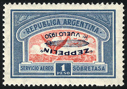 467 ARGENTINA: GJ.662c, 1930 1P. Zeppelin With INVERTED Blue Overprint, Very Lightly Hinged, Very Fresh, Excellent Quali - Airmail