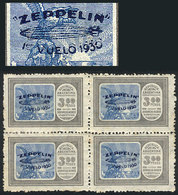 468 ARGENTINA: GJ.664a, 1930 3.60P. Zeppelin With Blue Overprint, Block Of 4, The Top Stamps With DOUBLE OVERPRINT (one  - Airmail