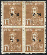 488 ARGENTINA: GJ.88a, Block Of 4 With INVERTED Overprint, Mint Without Gum, VF, Rare! - Servizio