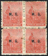 489 ARGENTINA: GJ.127, 1912 5c. Plowman, German Paper With HORIZONTAL Honeycomb Watermark, M.G. Overprint, Extremely Rar - Officials