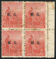 490 ARGENTINA: GJ.127, 1912 5c. Plowman, German Paper With HORIZONTAL Honeycomb Watermark, M.G. Overprint, Extremely Rar - Officials