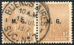 491 ARGENTINA: GJ.134, 1915 1c. Plowman With M.G. Overprint, Italian Paper With Horiz Honeycomb Wmk, Used Pair, VF, Rare - Officials