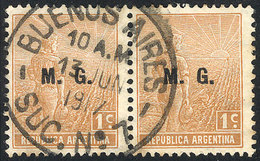 491 ARGENTINA: GJ.134, 1915 1c. Plowman With M.G. Overprint, Italian Paper With Horiz Honeycomb Wmk, Used Pair, VF, Rare - Servizio