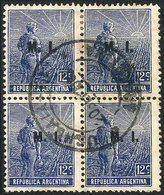 495 ARGENTINA: GJ.291, Block Of 4 With Complete Double Circle Datestamp Of USHUAIA, VF Quality, Rare! - Servizio