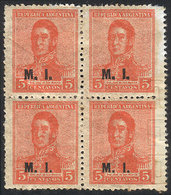 496 ARGENTINA: GJ.299, 1918 5c. San Martín, Block Of 4, Both Right Stamps With SERRA BOND Wmk, VF, Rare! - Dienstmarken