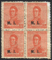 496 ARGENTINA: GJ.299, 1918 5c. San Martín, Block Of 4, Both Right Stamps With SERRA BOND Wmk, VF, Rare! - Servizio