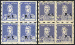 498 ARGENTINA: GJ.311, 1923 20c. San Martín With Period, Perf 13½x12½ And M.I. Overprint, 2 Blocks Of 4 From Very Differ - Officials