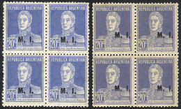 498 ARGENTINA: GJ.311, 1923 20c. San Martín With Period, Perf 13½x12½ And M.I. Overprint, 2 Blocks Of 4 From Very Differ - Servizio