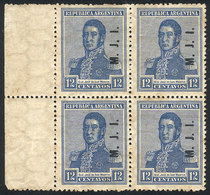 505 ARGENTINA: GJ.373, 1917 12c. San Martín With Horizontal Honeycomb Wmk, Block Of 4 With Sheet Margin, Very Rare. With - Servizio