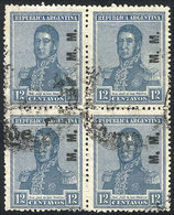 509 ARGENTINA: GJ.479, 1922 12c. San Martín With Large Sun Wmk, M.M. Overprint, Used Block Of 4, Excellent Quality, Very - Dienstmarken