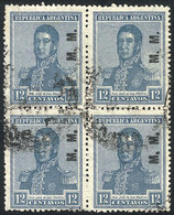 509 ARGENTINA: GJ.479, 1922 12c. San Martín With Large Sun Wmk, M.M. Overprint, Used Block Of 4, Excellent Quality, Very - Servizio