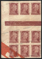 514 ARGENTINA: GJ.686, 1952 10c. Eva Perón, Proof In The Issued Color, Block Of 9 With HORIZONTAL GUTTER, Extremely Rare - Officials