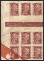 514 ARGENTINA: GJ.686, 1952 10c. Eva Perón, Proof In The Issued Color, Block Of 9 With HORIZONTAL GUTTER, Extremely Rare - Servizio