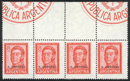 515 ARGENTINA: GJ.750CA, 8P. San Martín, Strip Of 4 WITH LABELS AT TOP, Uncatalogued, MNH, Very Fine! - Dienstmarken