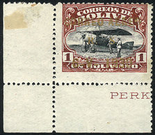 813 BOLIVIA: Sc.23, 1930 Zeppelin 1B. With Metal Overprint, Mint Very Lightly Hinged, Sheet Corner, Superb And Rare, Cat - Bolivie