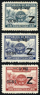 816 BOLIVIA: Sc.C24a + C25a + C26a, 1930 Zeppelin, Cmpl. Set Of 3 Values With INVERTED Overprint, Mint No Gum, VF Qualit - Bolivien
