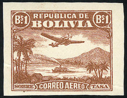 821 BOLIVIA: Sc.C32, ESSAY Of 1B. With The Vignette Of The 2B. Value (airplane And River, Ship, Mountains), Mint With Gu - Bolivie