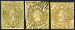 1023 CHILE: Yv.7 (Sc.11), 1862 Colombus 1c. Yellow, 3 Used Examples (different Shades), All With 4 Margins, VF! - Chile