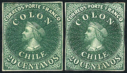 1027 CHILE: Yv.10 (Sc.13), 1861 20c. Green, 2 Mint Examples, Different Shades, Both With 4 Margins But One With Small Th - Chile