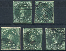 1028 CHILE: Yv.10 (Sc.13), 1861 20c. Green, 5 Used Examples, DIFFERENT SHADES, All With 4 Margins, Fine To VF Quality, S - Chile