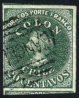 1029 CHILE: Yvert 10 (Sc.13), 1861/7 20c. Green, Fantastic Example With Huge Margins (with Part Of Neighboring Stamps),  - Chile