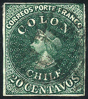 1030 CHILE: Yvert 10a (Scott 13), 1862 20c. Dark Green, With 4 Good Margins, VF Quality! - Chile