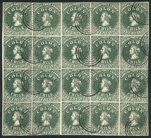 1031 CHILE: GJ.13, 1862 20c. Green, Unwatermarked REPRINT, Beautiful Block Of 20 Stamps, Excellent Quality! - Chile