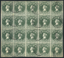 1031 CHILE: GJ.13, 1862 20c. Green, Unwatermarked REPRINT, Beautiful Block Of 20 Stamps, Excellent Quality! - Cile