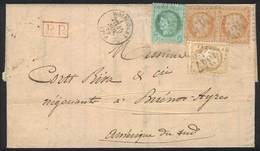 1285 FRANCE: 30/OCT/1872 DARGNIES - ARGENTINA: Complete Folded Letter Franked By Yv.38 Pair + 53 + 59, Numeral Cancel "" - Other & Unclassified